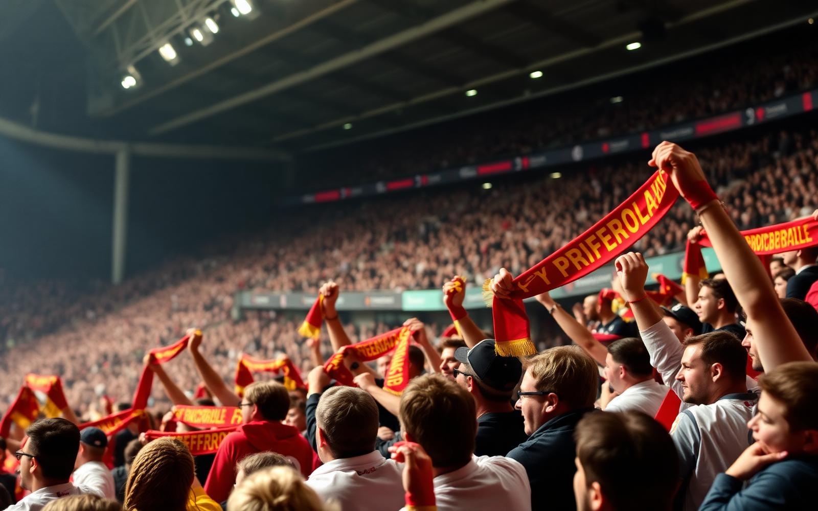 Football fans celebrating in the stands with red and gold scarves